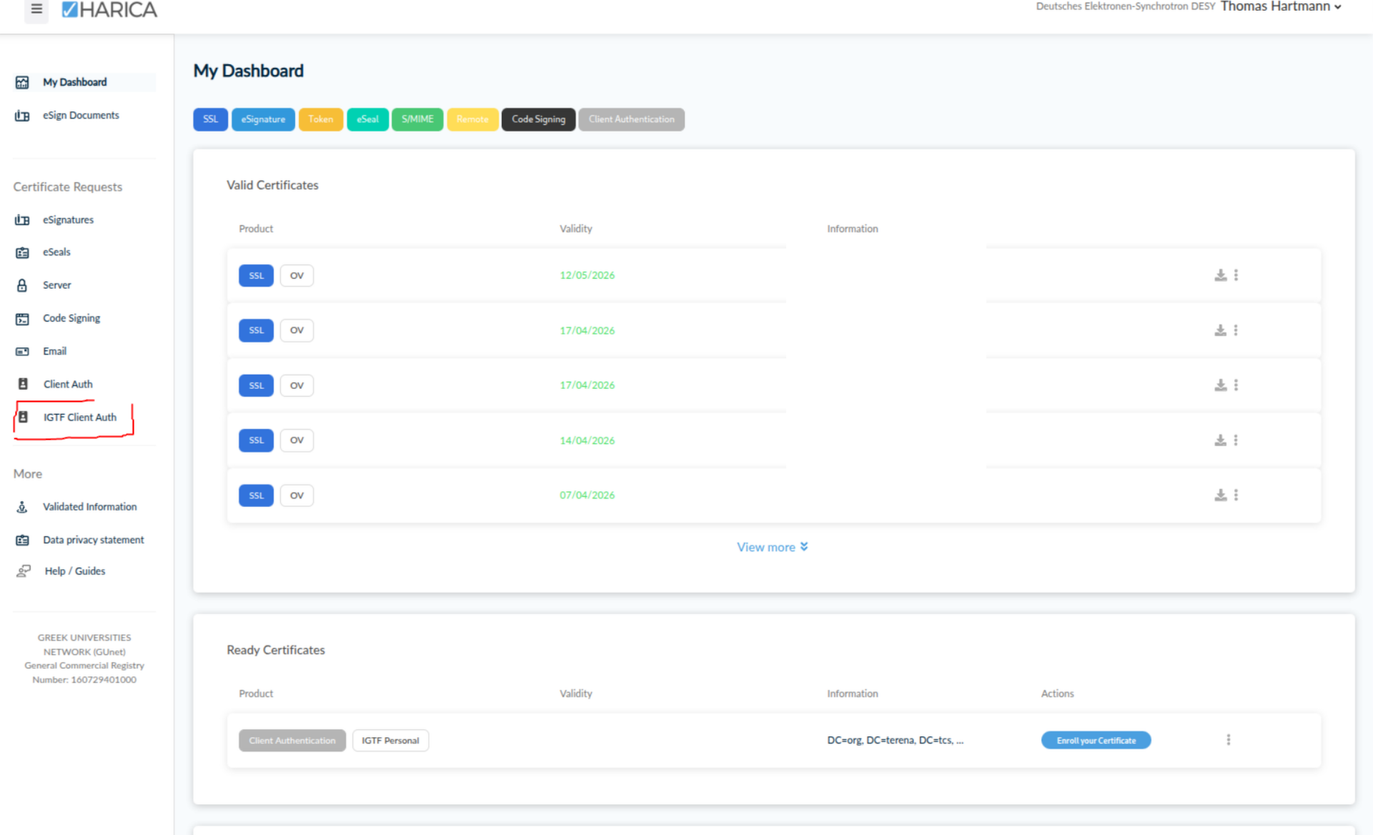 Example Dashboard in HARICA