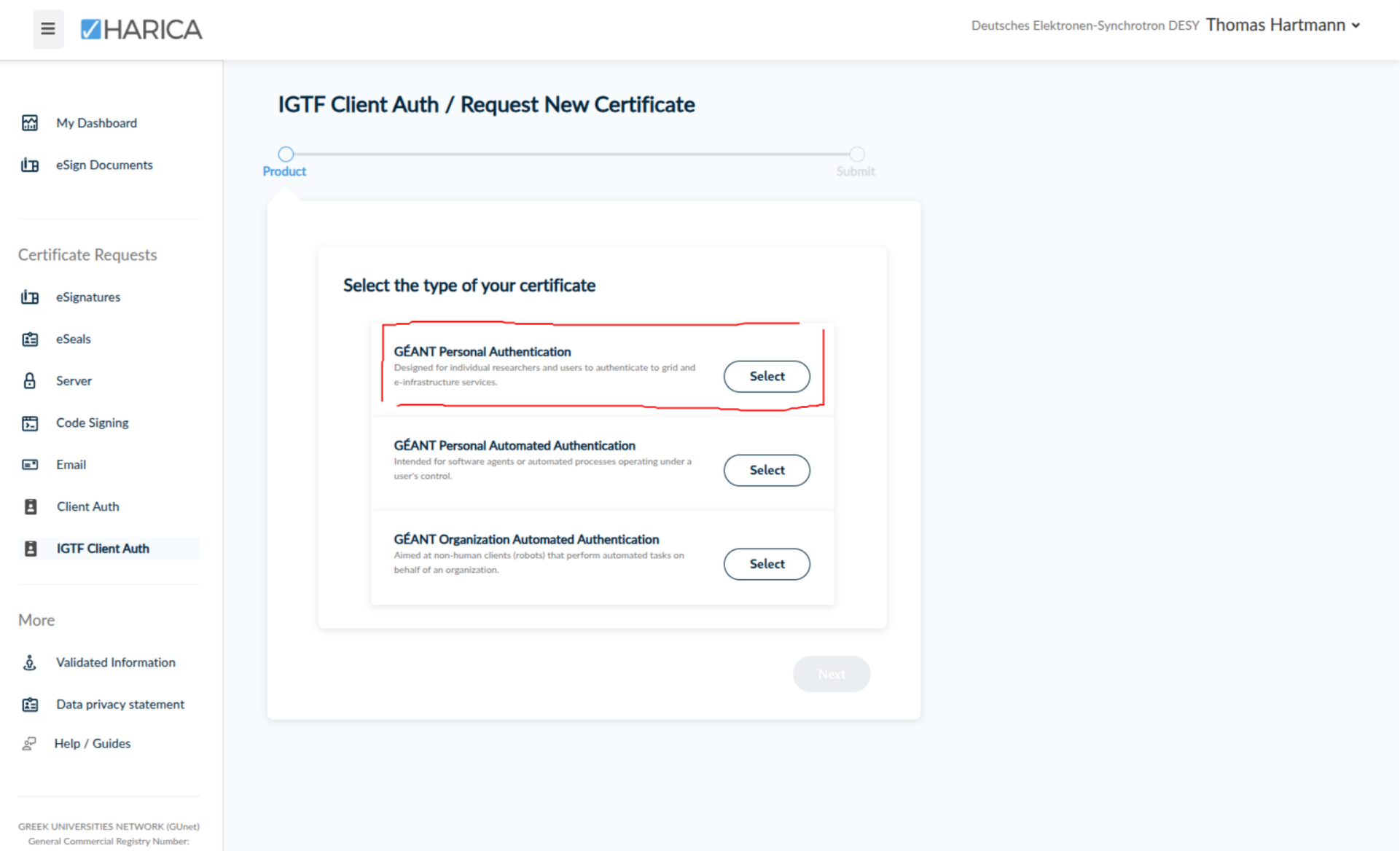 Certificate flavour selection