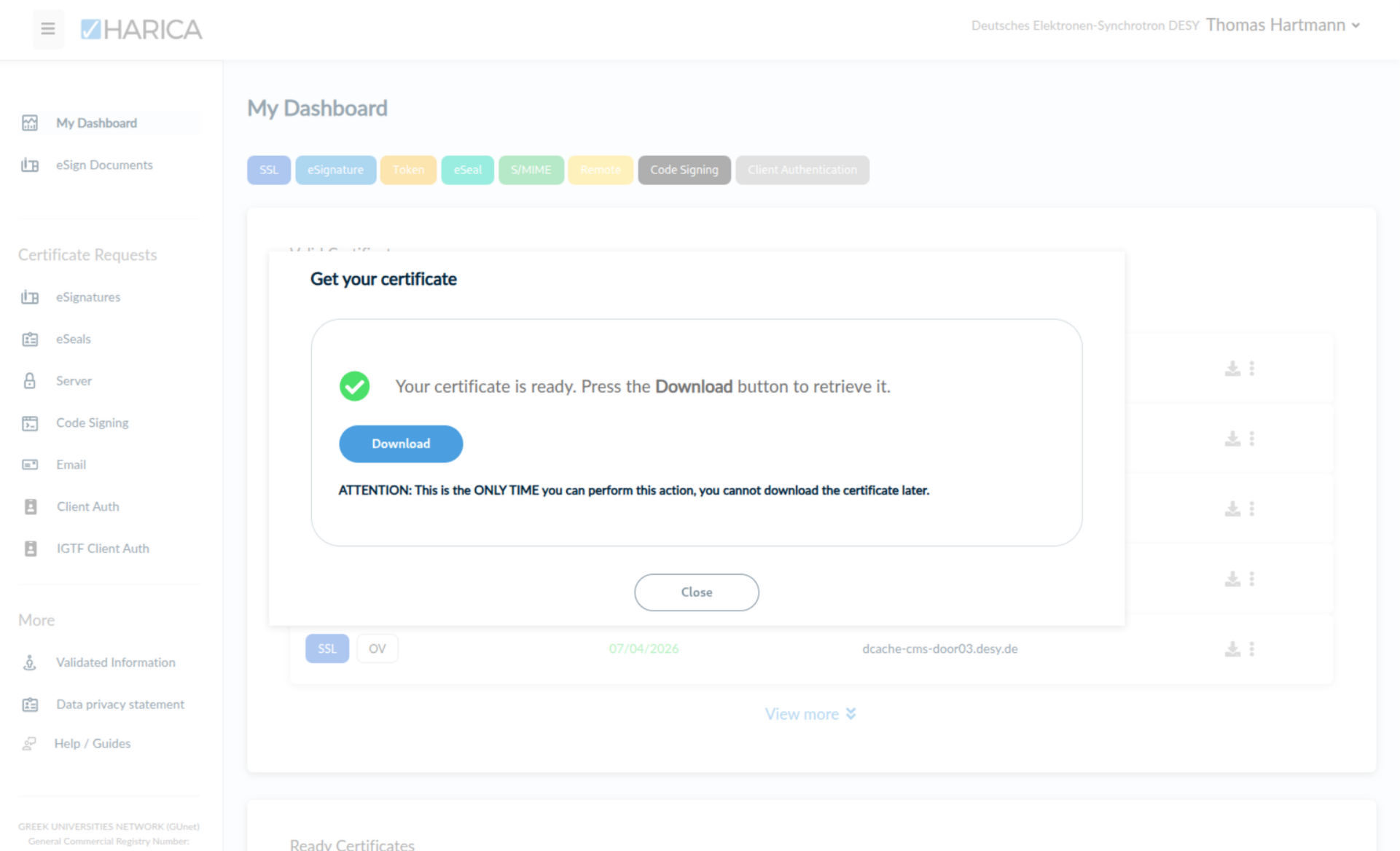 Certificate download
